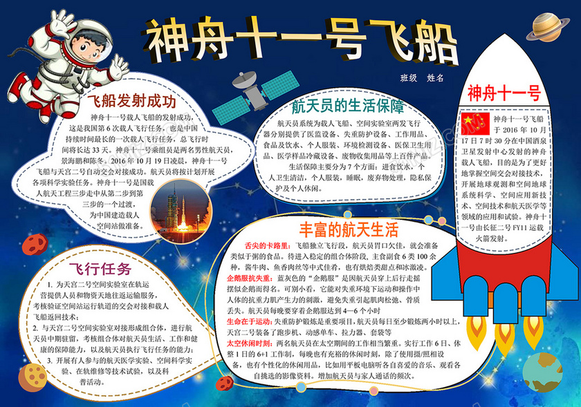 神舟十一号飞船发射成功科技科学手抄报