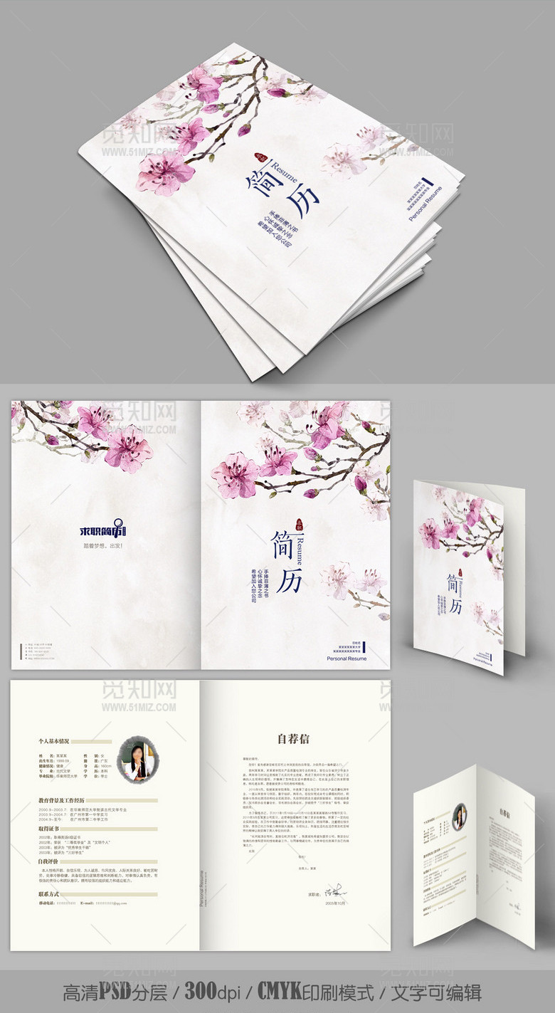 古典文雅文学风梅花求职简历带word版 古典文雅文学风梅花求职简历带word版