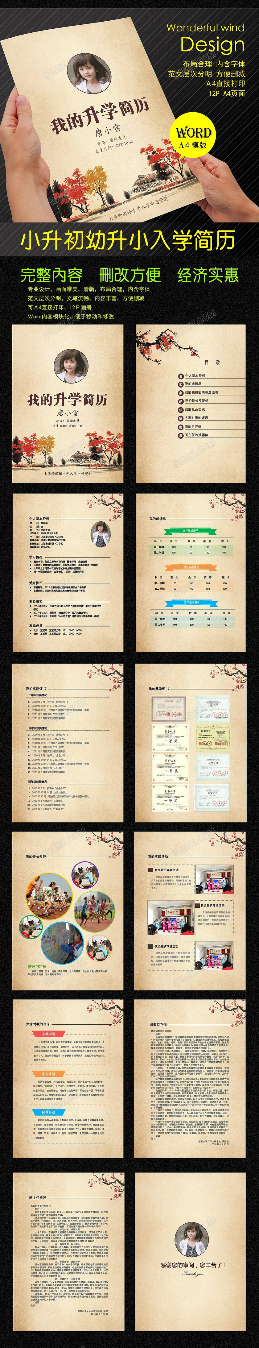 中国风水墨小升初Word简历模版 中国风水墨小升初Word简历模版