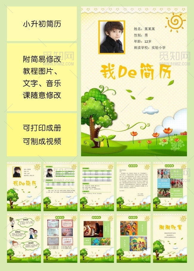 绿色小升初毕业择校学生自荐简历ppt模板