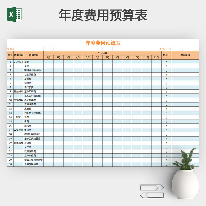 觅知网 excel模板 财务会计 预算表 简洁蓝色年度费用预算表excel模板