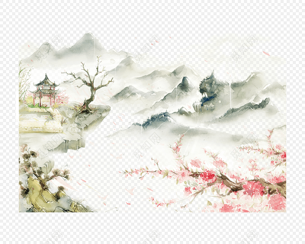 矢量古风水墨江南风景背景元素