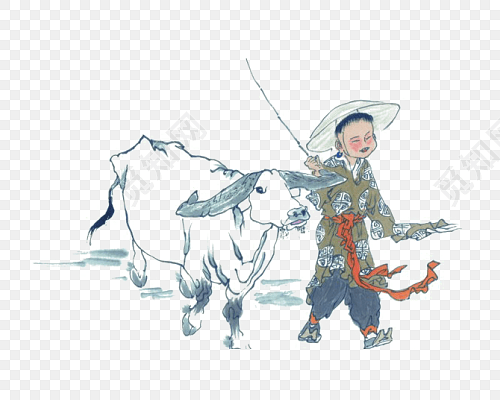 中式水墨画放牛郎素材