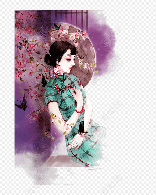 中国风旗袍美女撑伞素材
