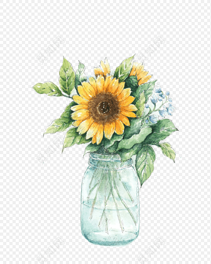 手绘向日葵插花素材图