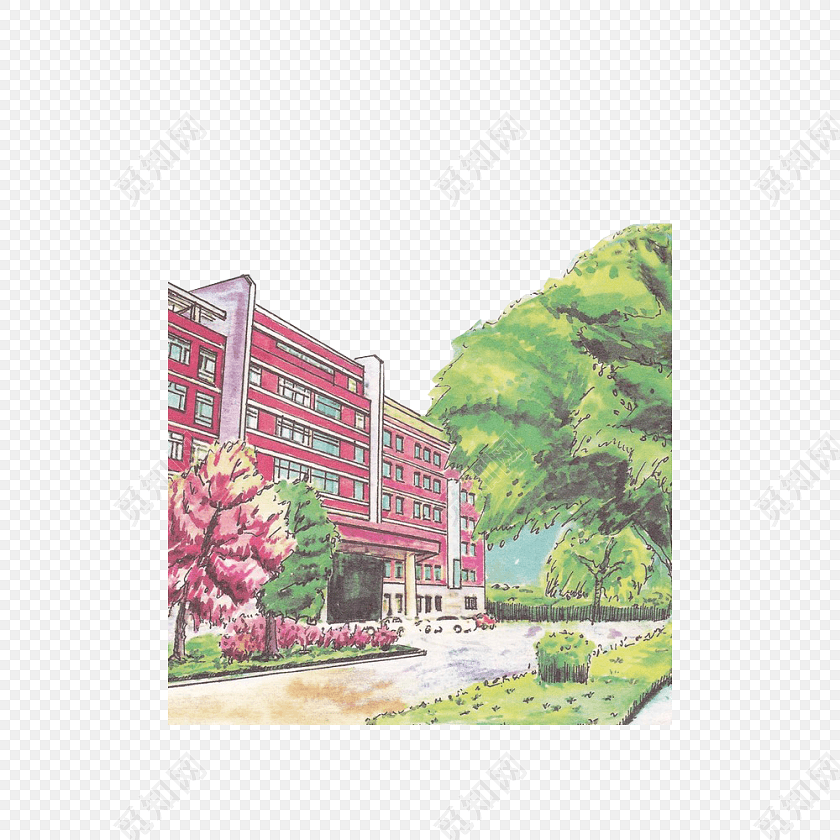 手绘风校园风景矢量素材