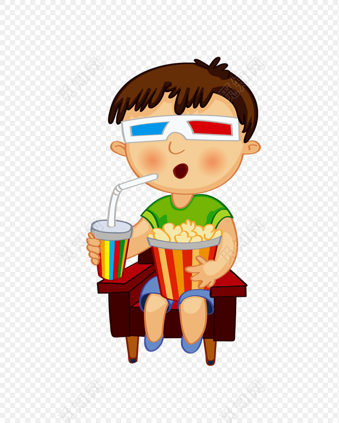 卡通小孩看电影爆米花
