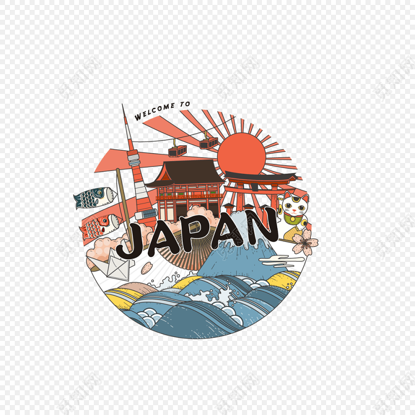 手绘卡通画日本旅行海报素材