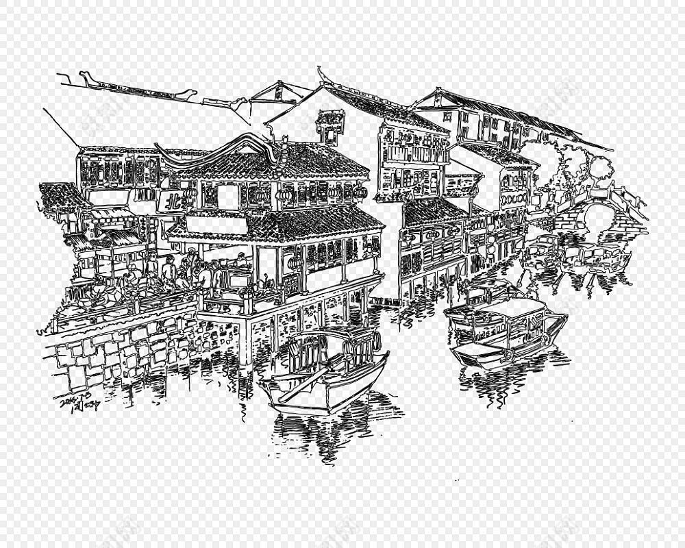 黑白手绘古镇旅行海报设计素材