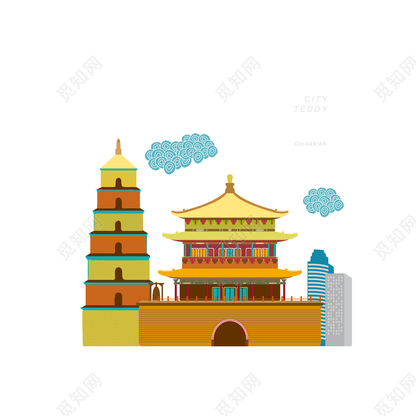 西安旅游景点建筑插画