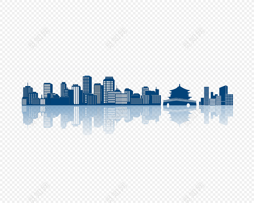 蓝色西安城市建筑剪影矢量插画