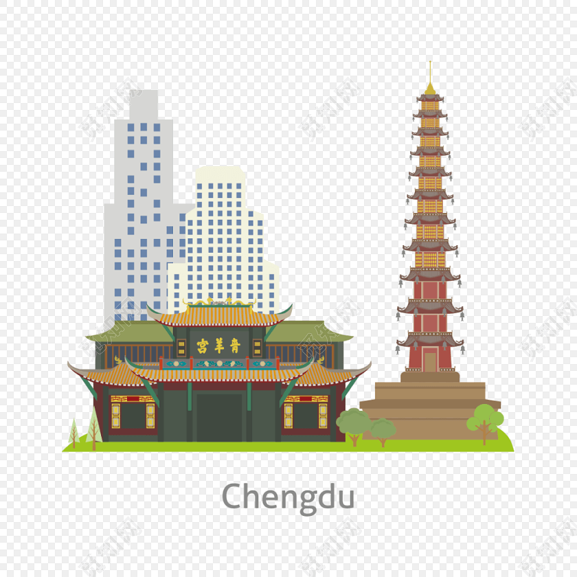 成都城市建筑旅游景点卡通插画