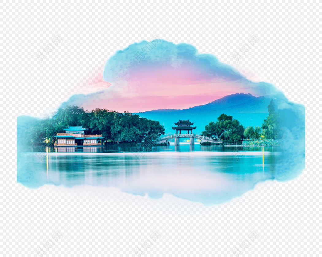 杭州西湖手绘水彩旅游插画