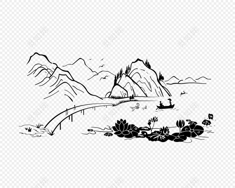 手绘古风桥梁矢量素材