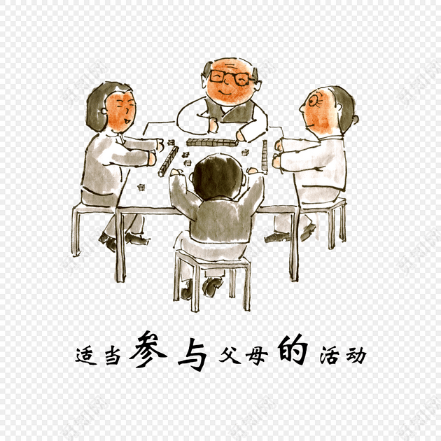 手绘卡通一家人打麻将素材