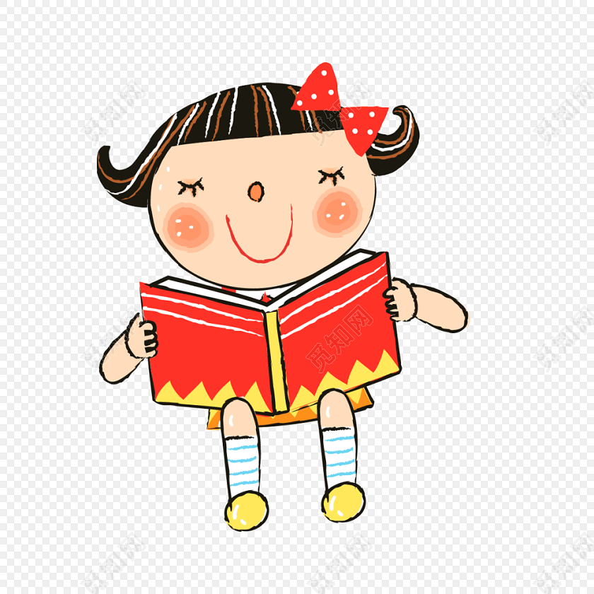 卡通可爱小女孩看书元素