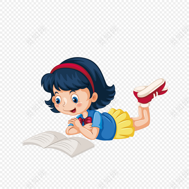 卡通小女孩趴着看书元素