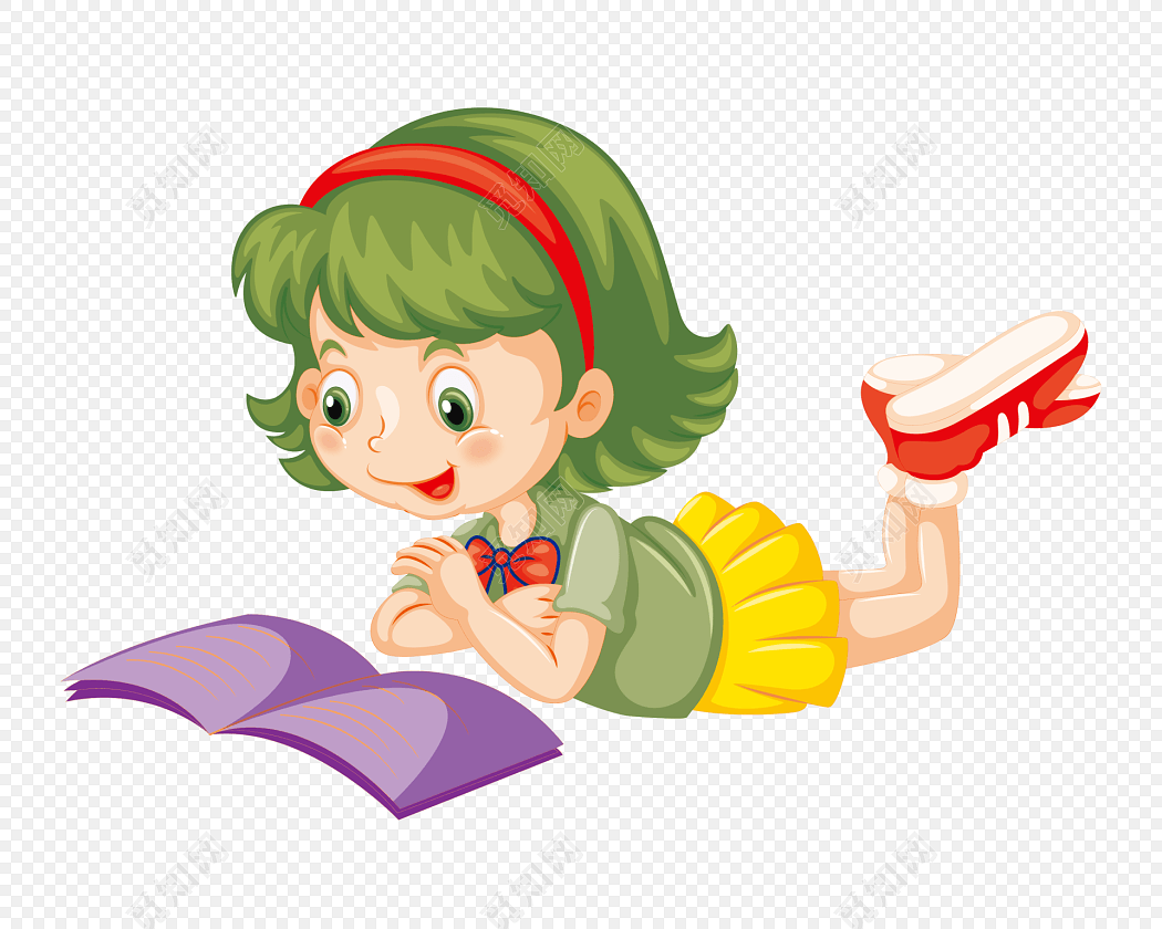 女孩趴在地上看书矢量素材