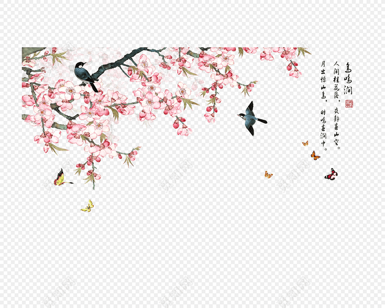 唯美中国风桃花梅花喜鹊题字背景素材