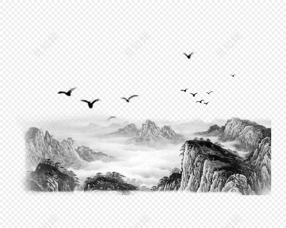 水墨山水飞鸟画