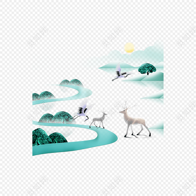 唯美仙鹤仙鹿风景图