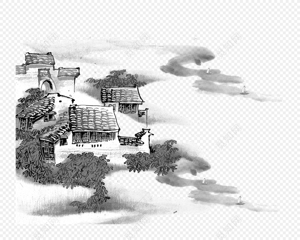 江边渔村水墨画