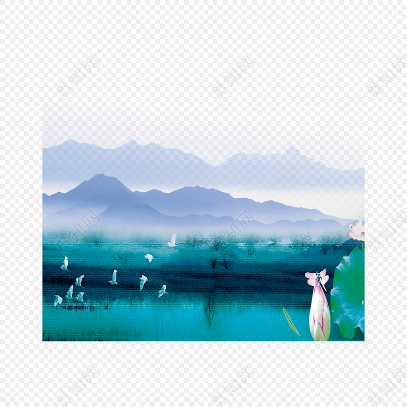 免费下载png png素材荷塘远山山水绚丽风景素材标签:免抠素材 手绘 水