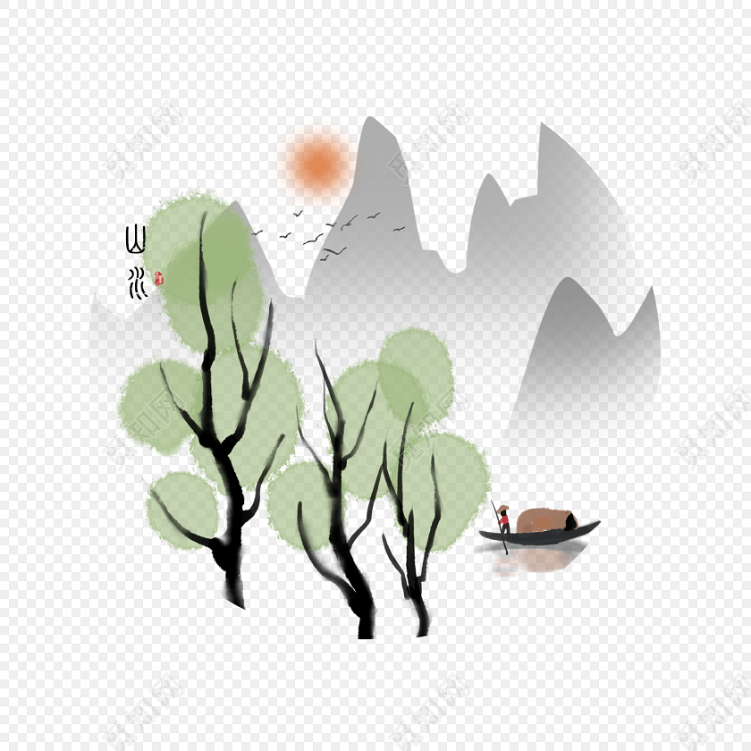 彩绘古风远山风景素材