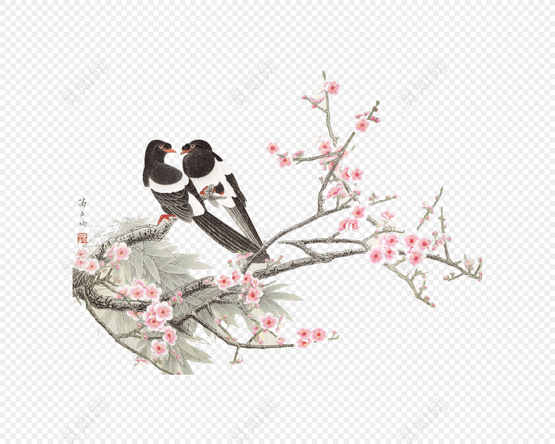 手绘工笔站在梅花枝头的小鸟设计素材