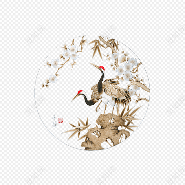 圆形工笔画丹顶鹤素材图片