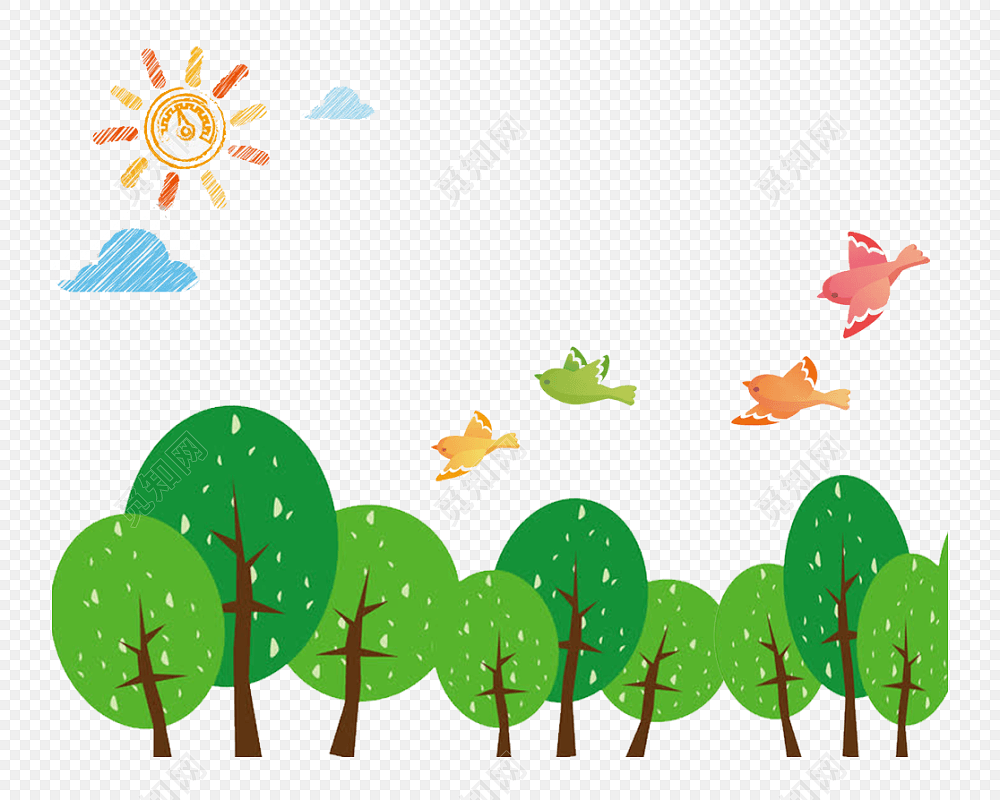 卡通手绘小树林飞鸟风景设计素材