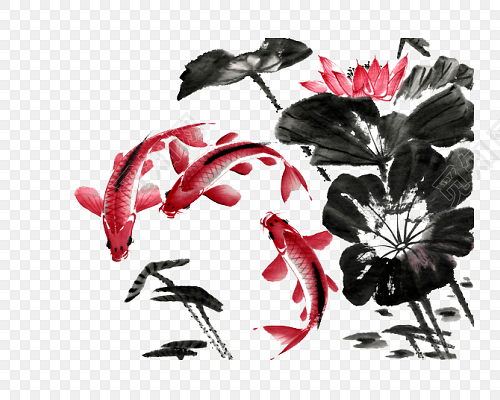 荷塘红色鲤鱼水彩中式素材