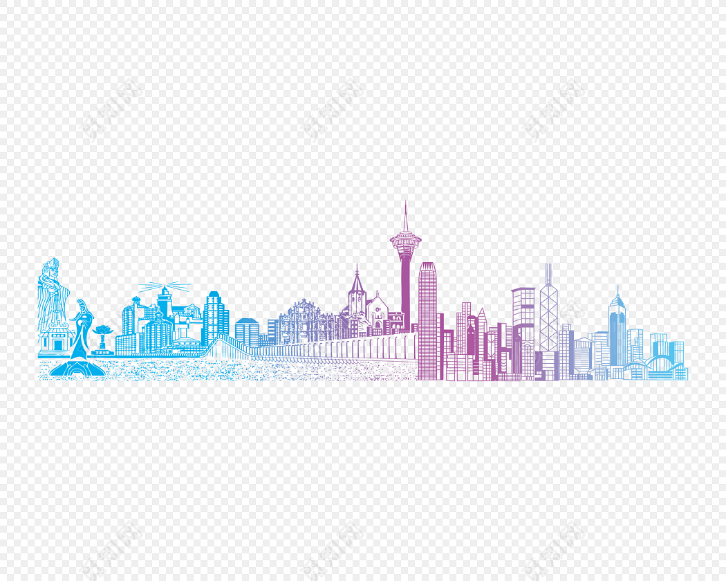 彩色绘线稿城市剪影建筑插画素材