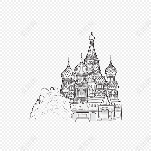 手绘欧美古堡建筑黑白插画