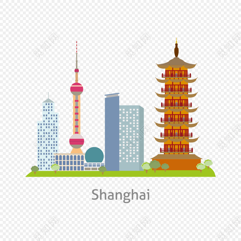 上海城市建筑卡通插画元素