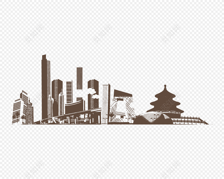 手绘灰调城市建筑剪影矢量素材