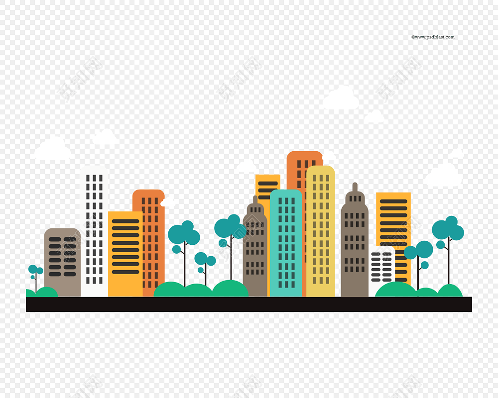 卡通扁平风彩色城市建筑矢量插画