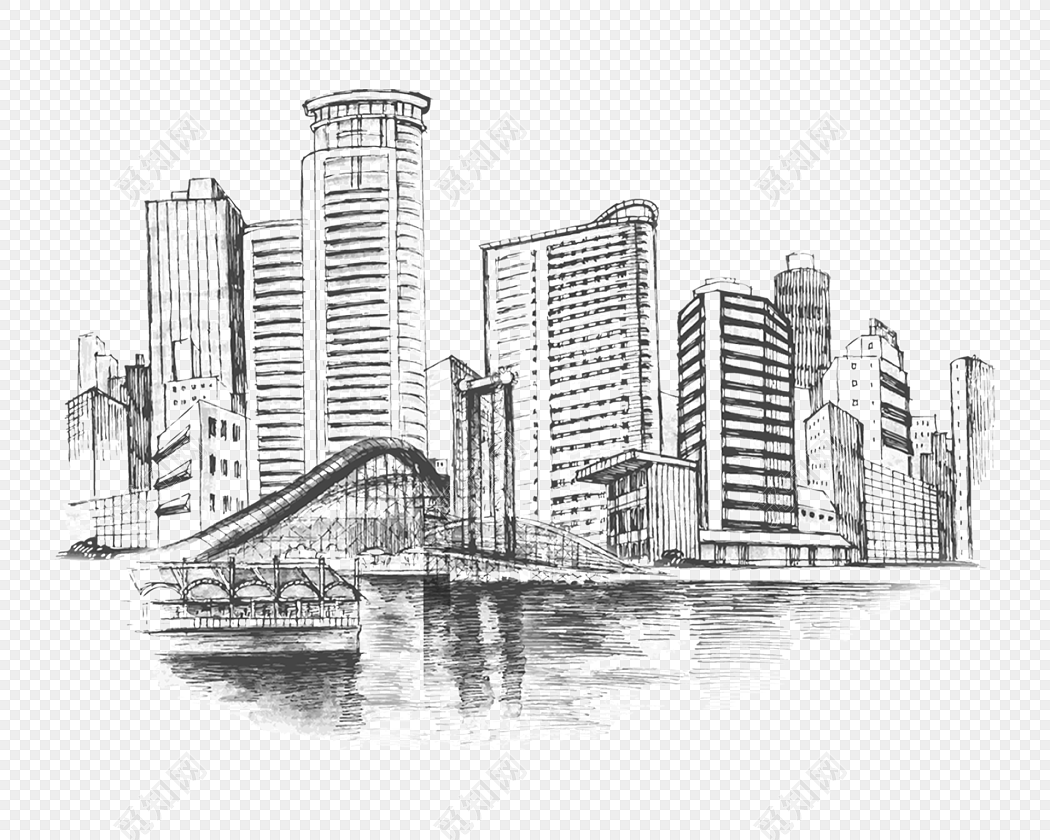 手绘城市建筑黑白素描插画