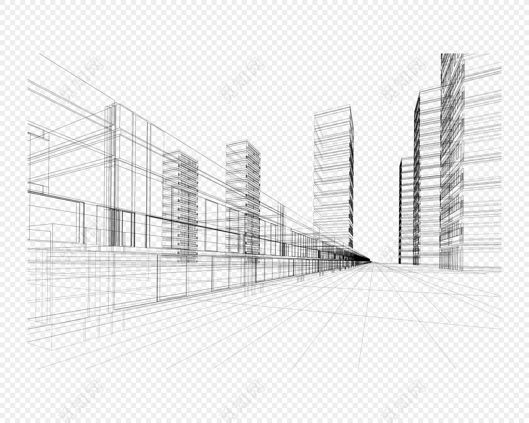 绘城市高楼黑白线条城市建筑剪影