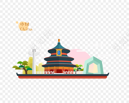 中国北京建筑旅游景点卡通插画