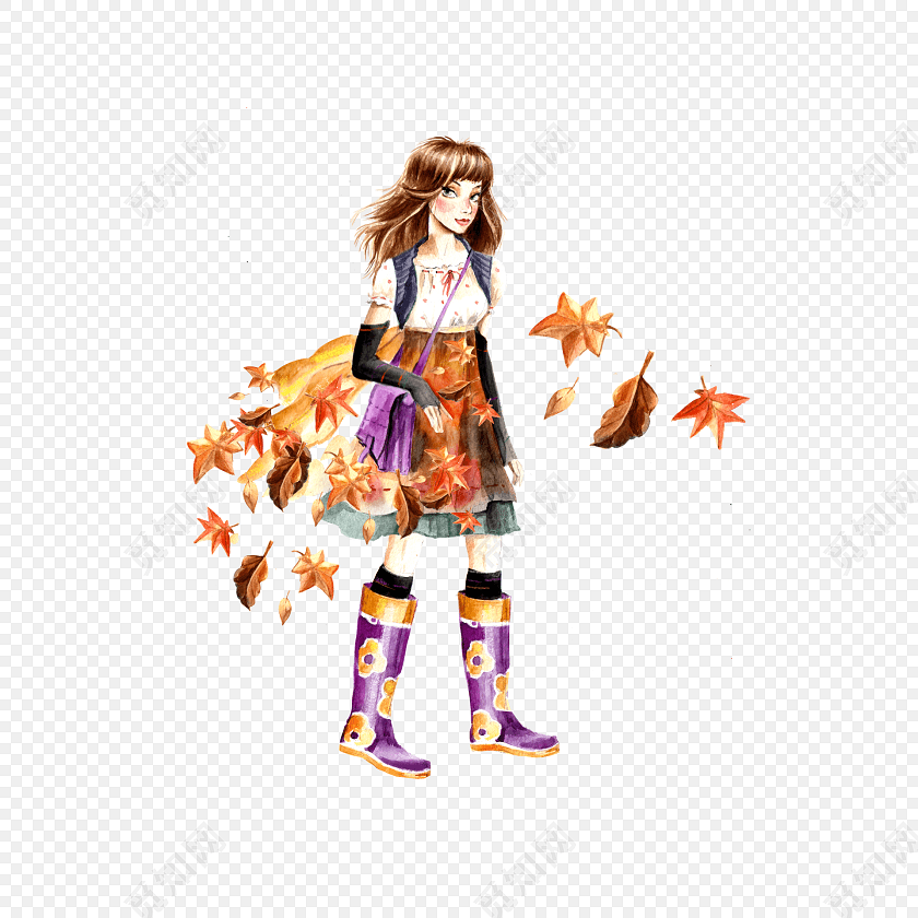 秋叶女孩水彩背景素材