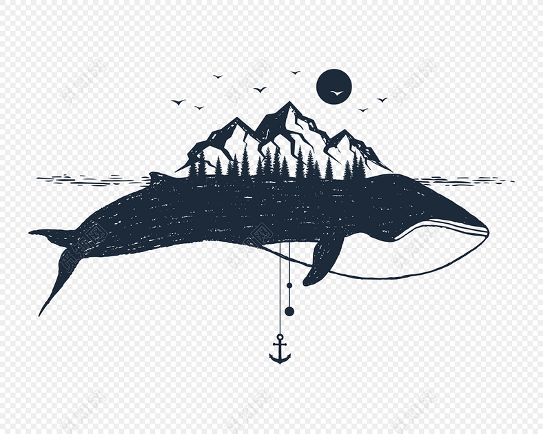 黑白水墨绘画鲸鱼素材
