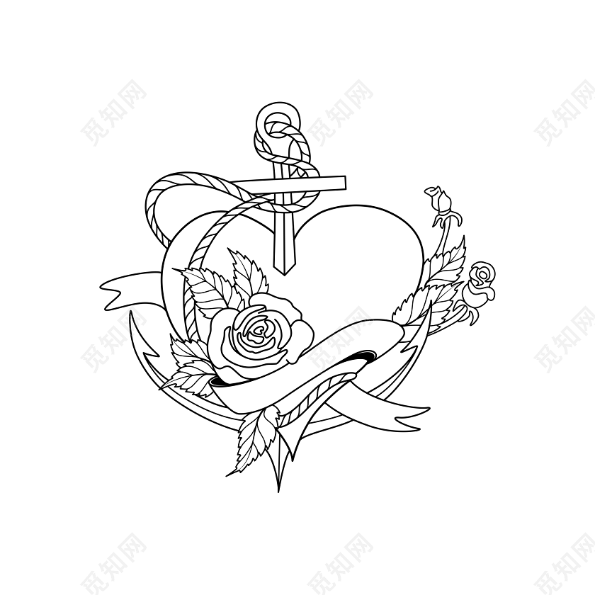 手绘素描爱心花朵素材