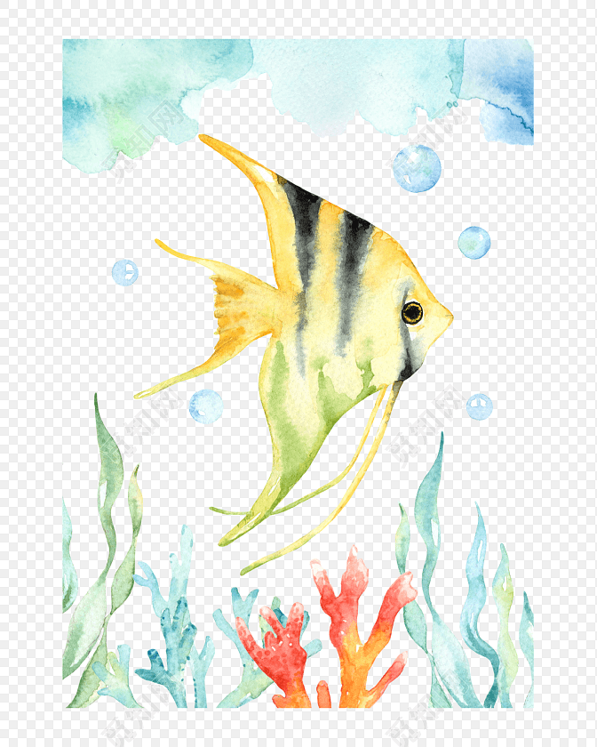 水彩鱼动物海底植物