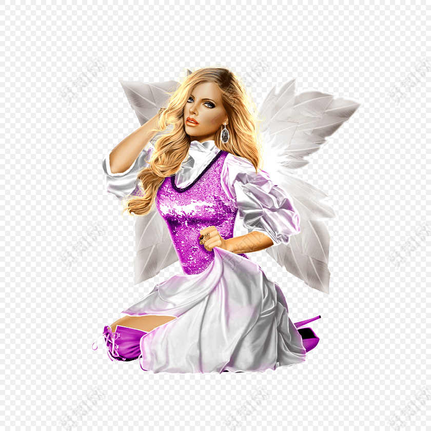 动漫美女紫色花纹灰白裙子翅膀素材