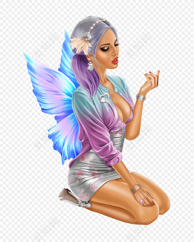 动漫美女灰银色花纹性感裙子翅膀素材