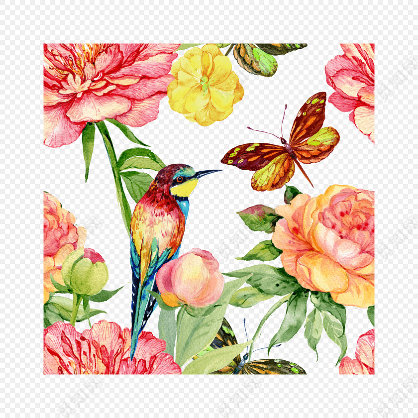 彩色手绘水彩花鸟矢量素材
