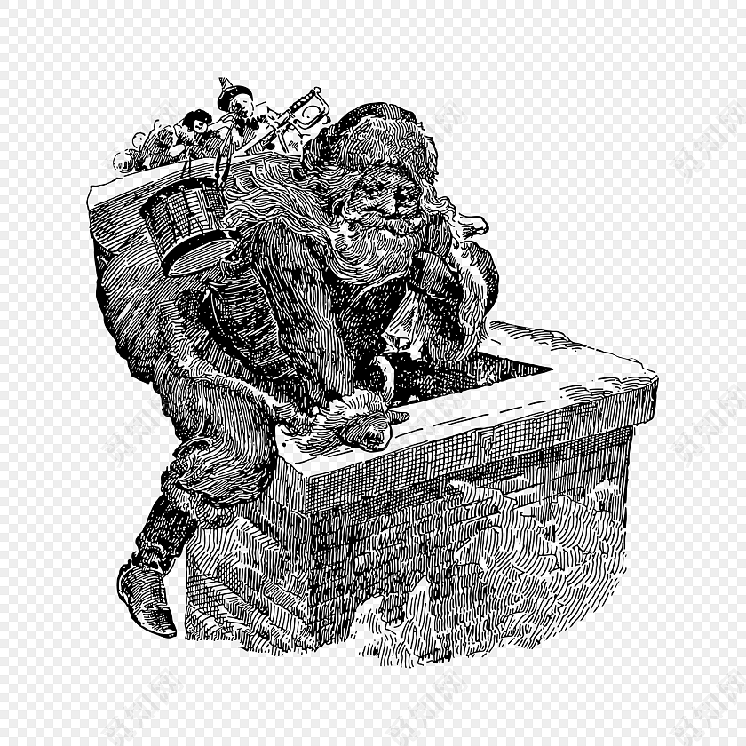 圣诞老人爬烟囱黑白钢笔画素材