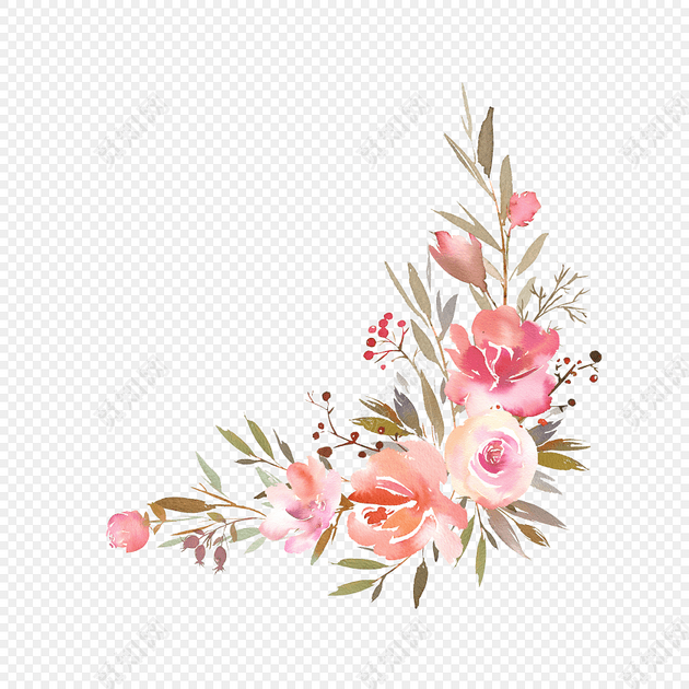 彩色花瓣花朵枝条花环边角插画素材