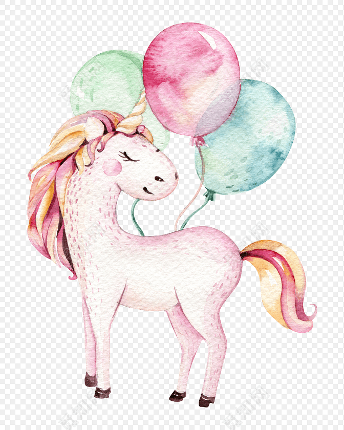 彩色手绘气球独角兽水彩插画